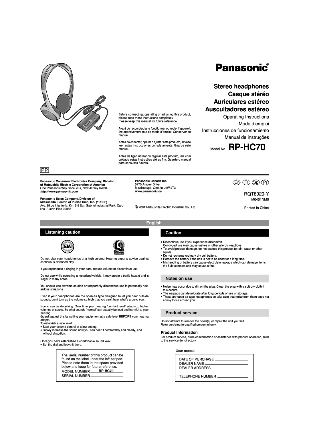Panasonic RP-HC70 operating instructions English, Listening caution, Notes on use, Product service, Product information 