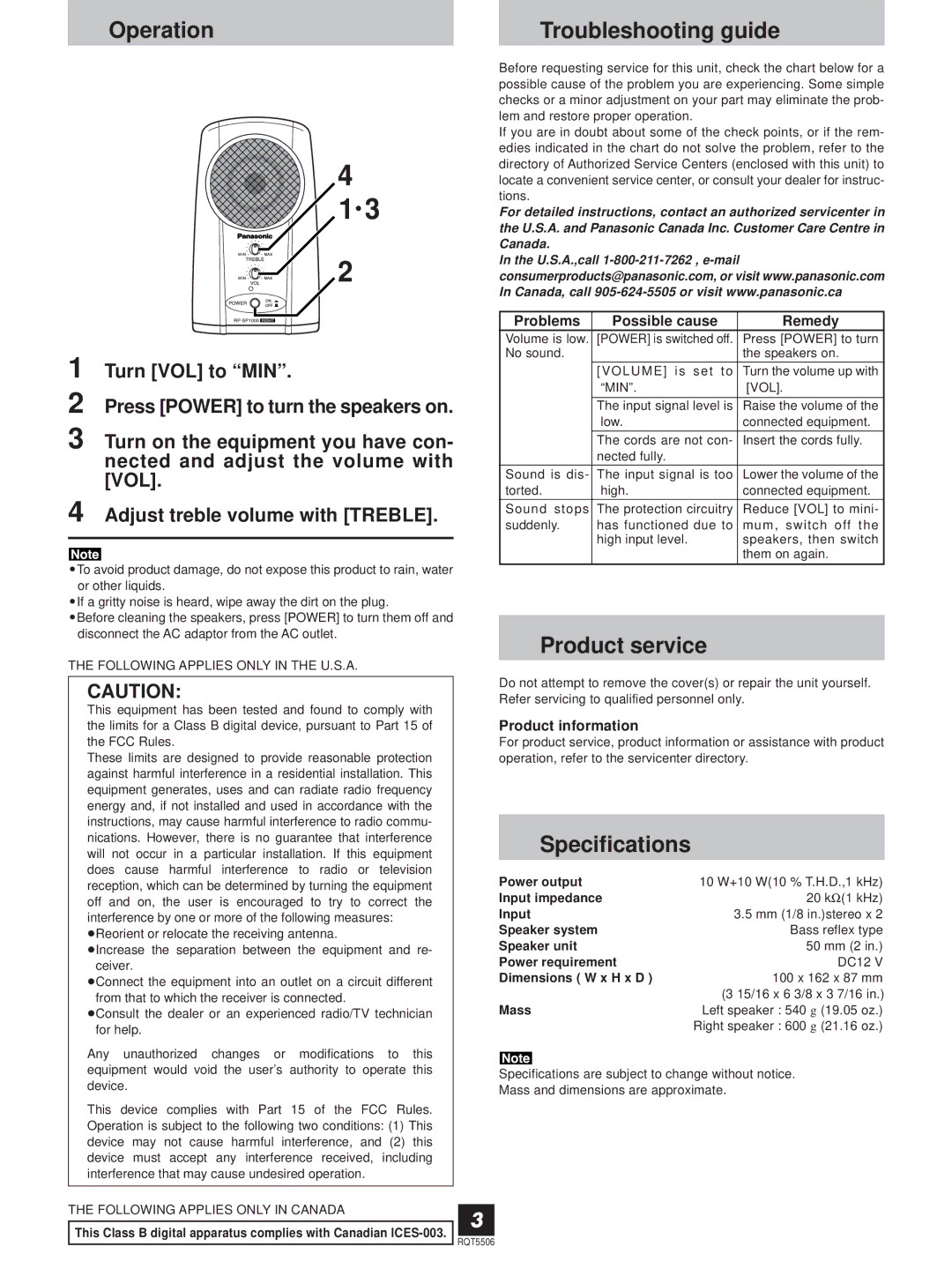 Panasonic RP-SP1000 Operation Troubleshooting guide, Product service, Specifications, Problems Possible cause Remedy 