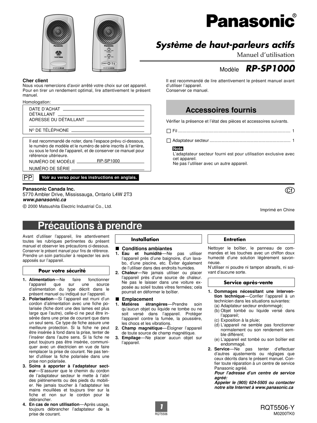 Panasonic operating instructions Système de haut-parleurs actifs, Modèle RP-SP1000, Accessoires fournis 