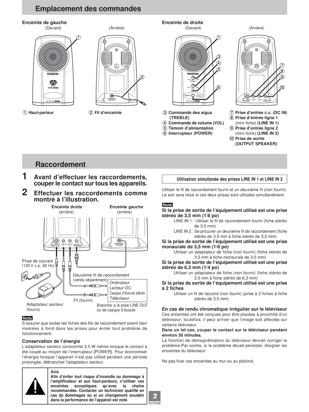 Panasonic RP-SP1000 operating instructions Emplacement des commandes, Raccordement 