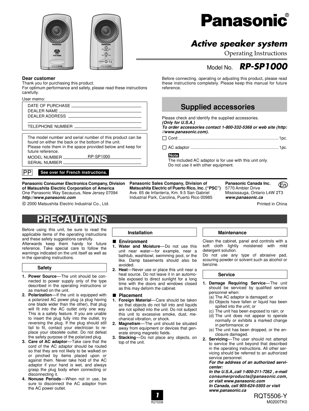 Panasonic RP-SP1000 operating instructions Precautions, Active speaker system, Supplied accessories, RQT5506-Y 