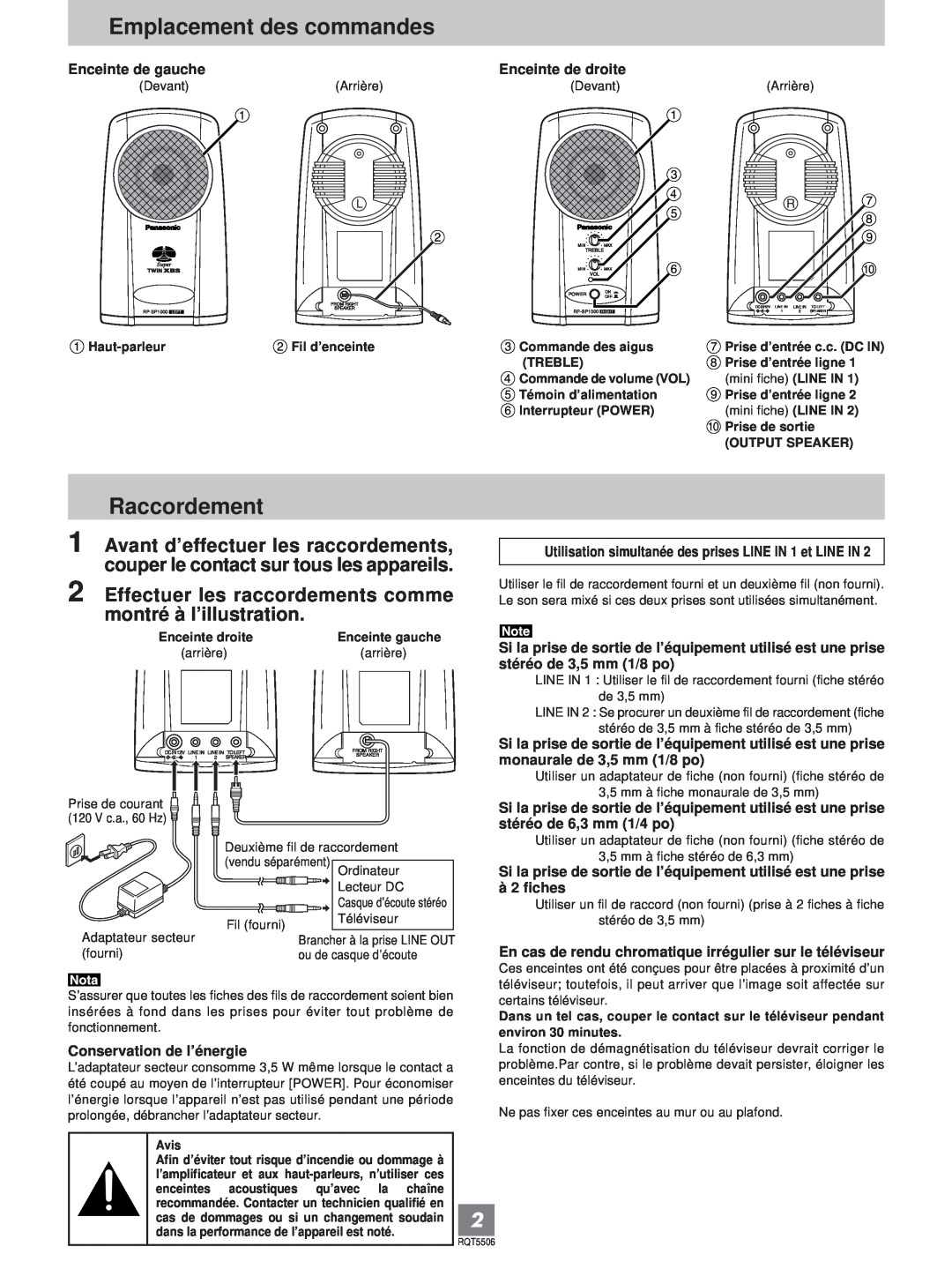 Panasonic RP-SP1000 operating instructions Emplacement des commandes, Raccordement 