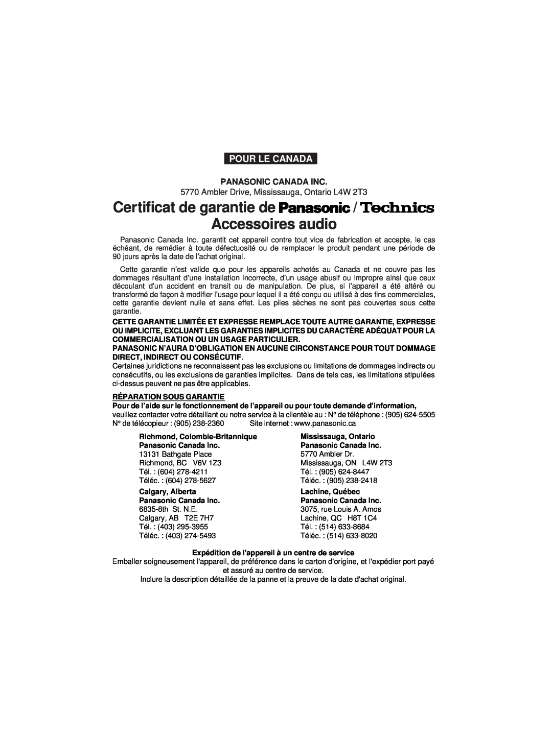 Panasonic RP-SP1000 operating instructions Certificat de garantie de Accessoires audio, Pour Le Canada 