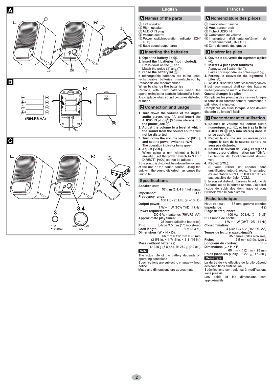 Panasonic RP-SP38 Names of the parts Nomenclature des pièces, Inserting the batteries, Connection and usage 