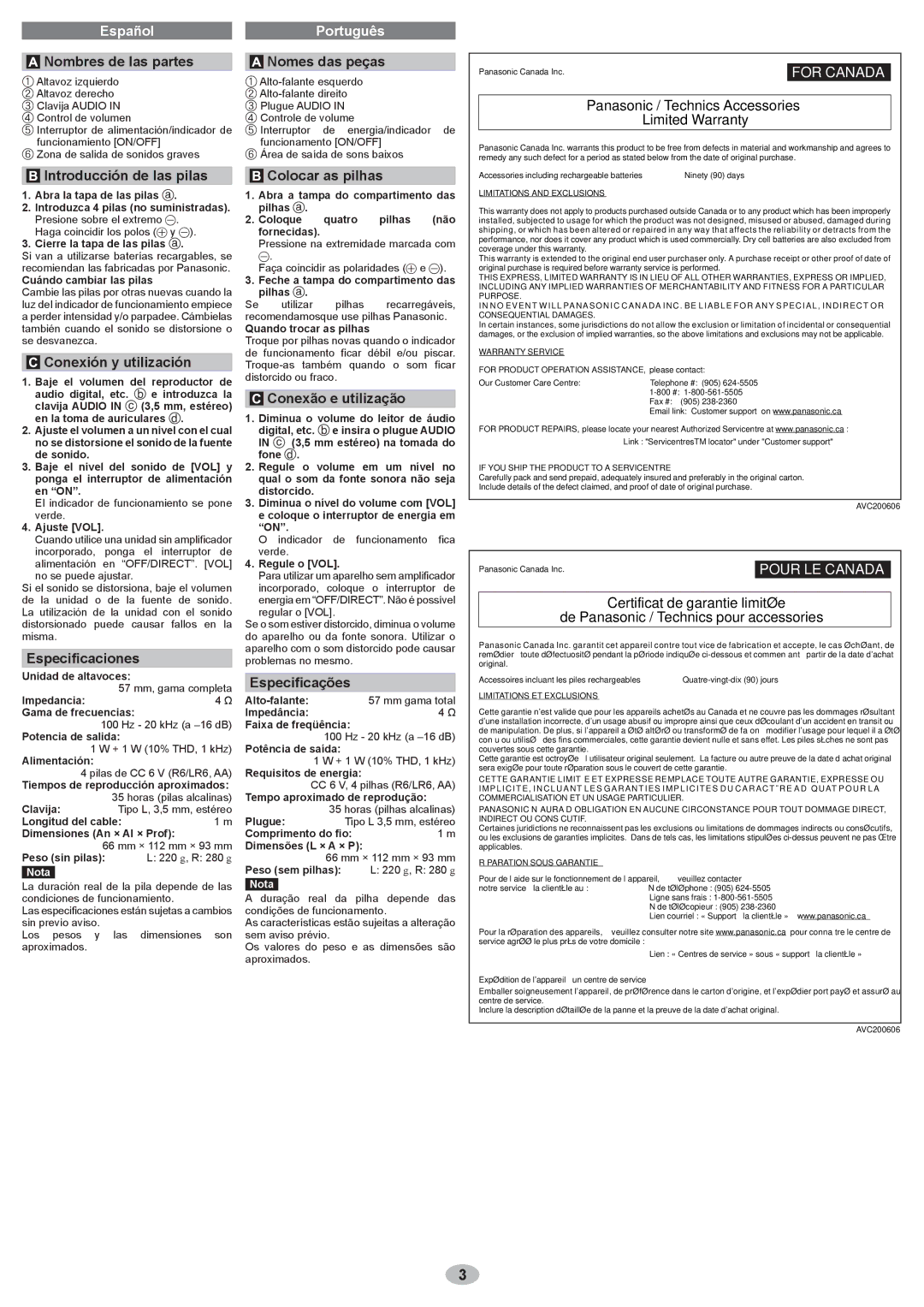 Panasonic RP-SP38 Nombres de las partes, Nomes das peças, Panasonic / Technics Accessories Limited Warranty 