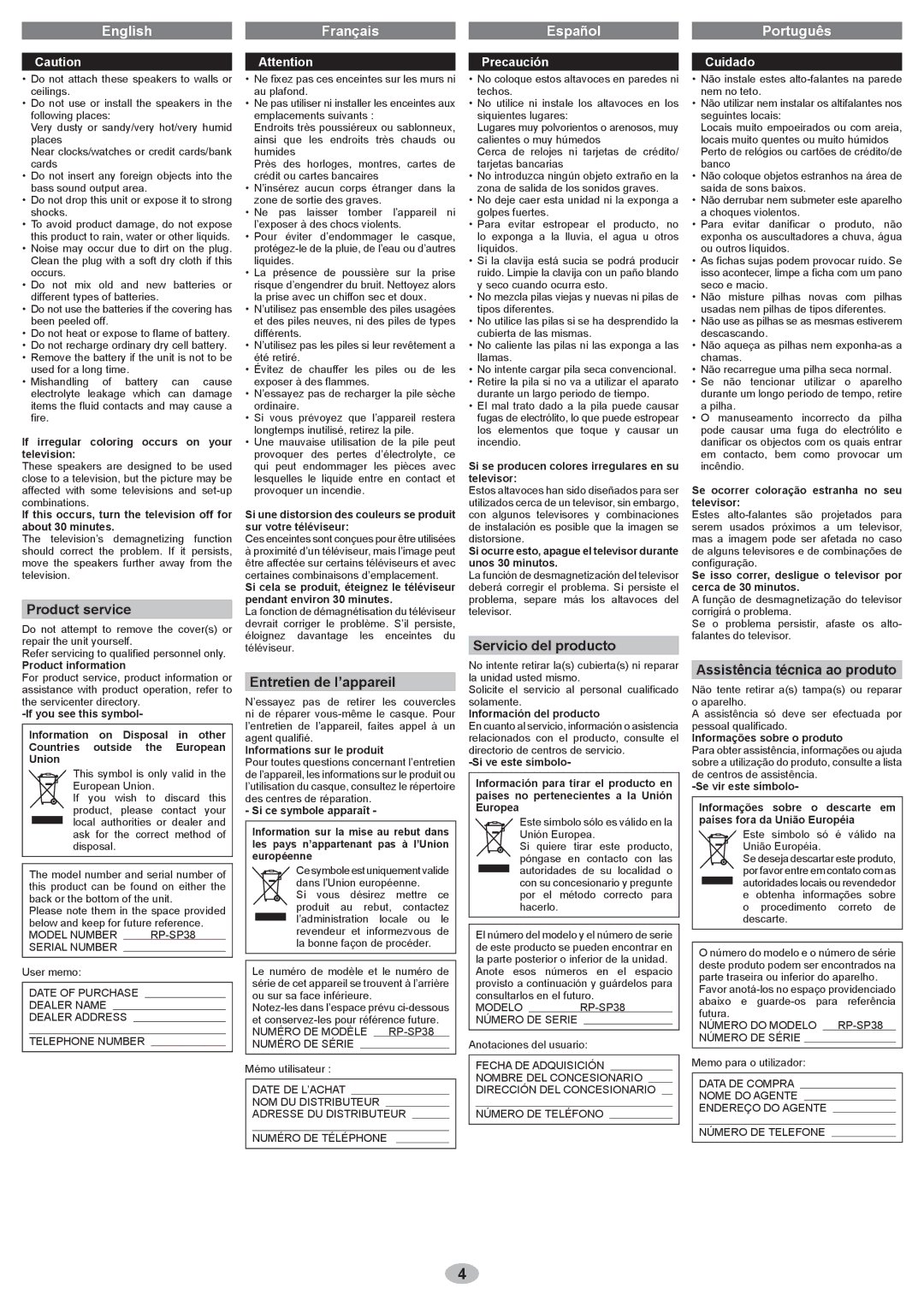 Panasonic RP-SP38 Product service, Entretien de l’appareil, Servicio del producto, Assistência técnica ao produto 