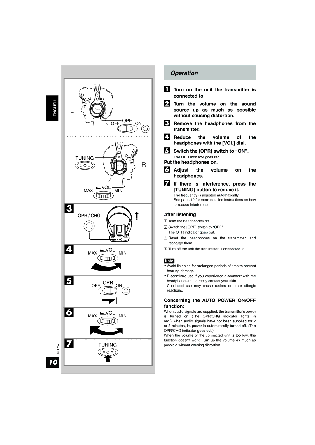 Panasonic RP WF930 manual Operation, After listening, Concerning the Auto Power ON/OFF function 