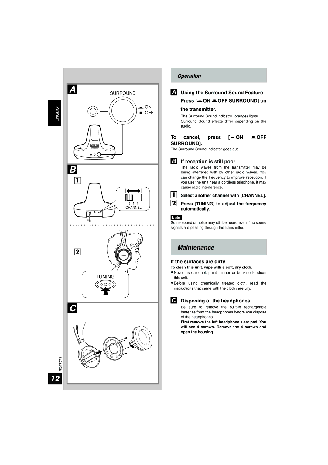 Panasonic RP WF930 manual Maintenance, Off, Surround 