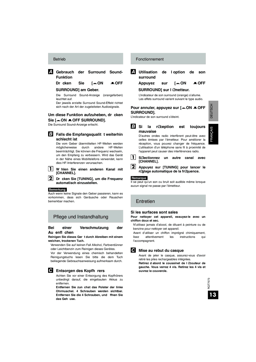 Panasonic RP WF930 manual Pflege und Instandhaltung, Entretien 