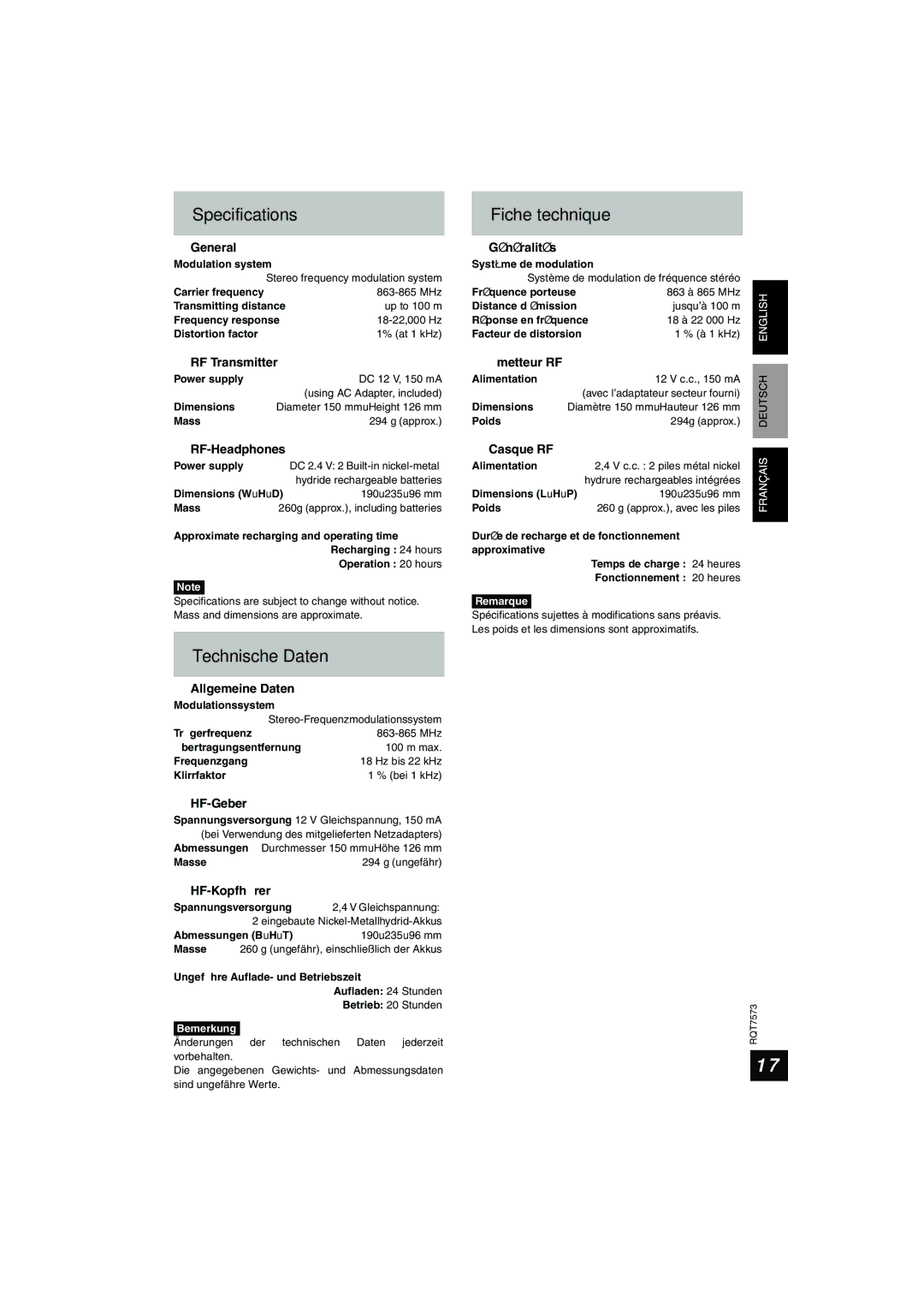 Panasonic RP WF930 manual Specifications Fiche technique, Technische Daten 