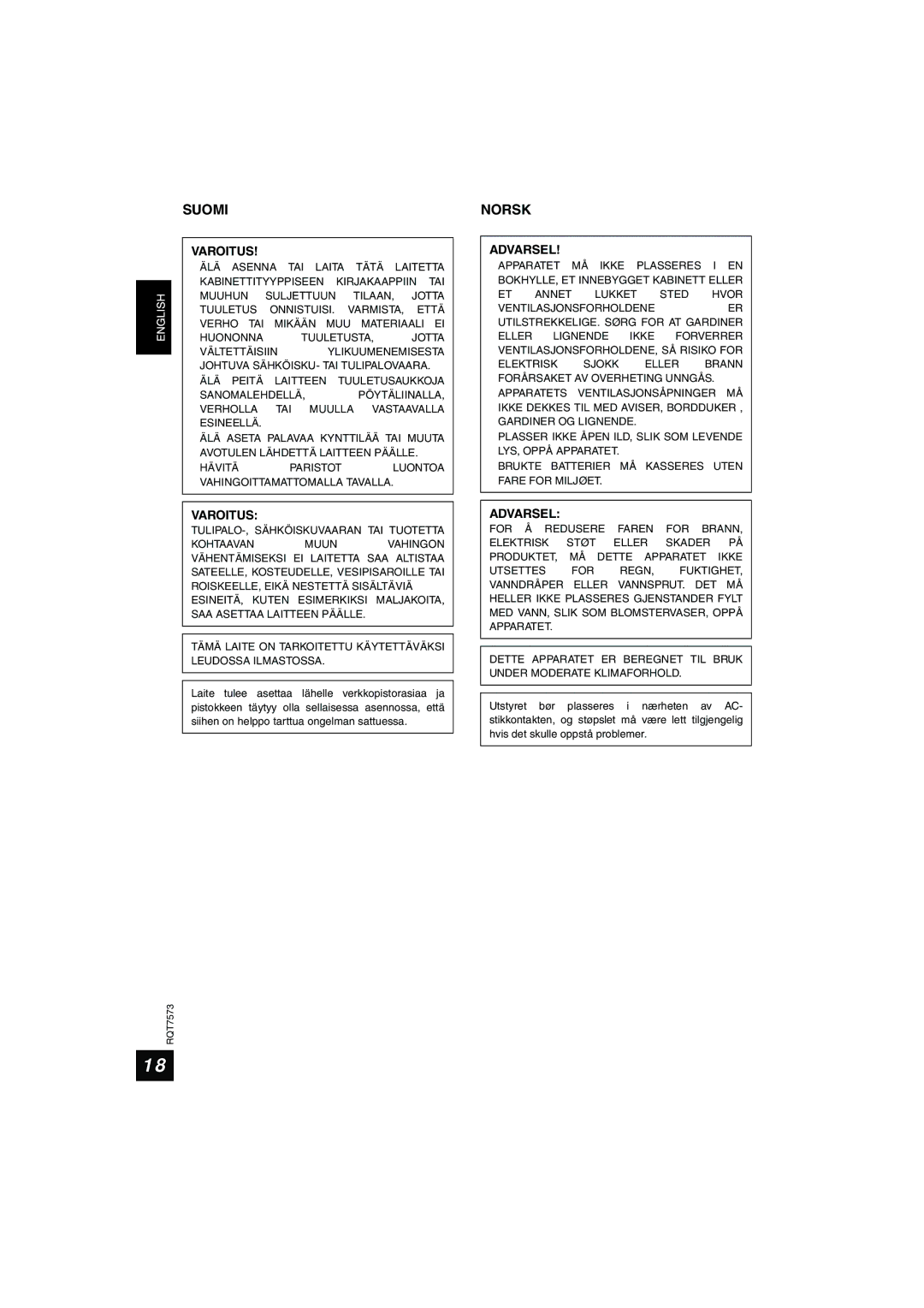 Panasonic RP WF930 manual Suomi, Norsk 