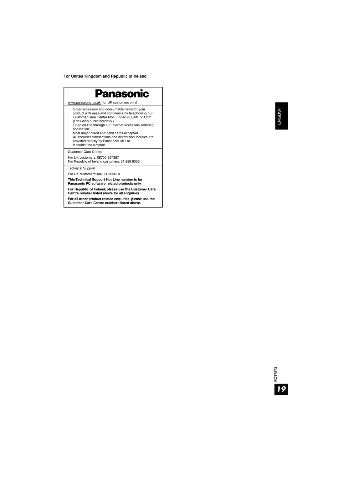 Panasonic RP WF930 manual For United Kingdom and Republic of Ireland 