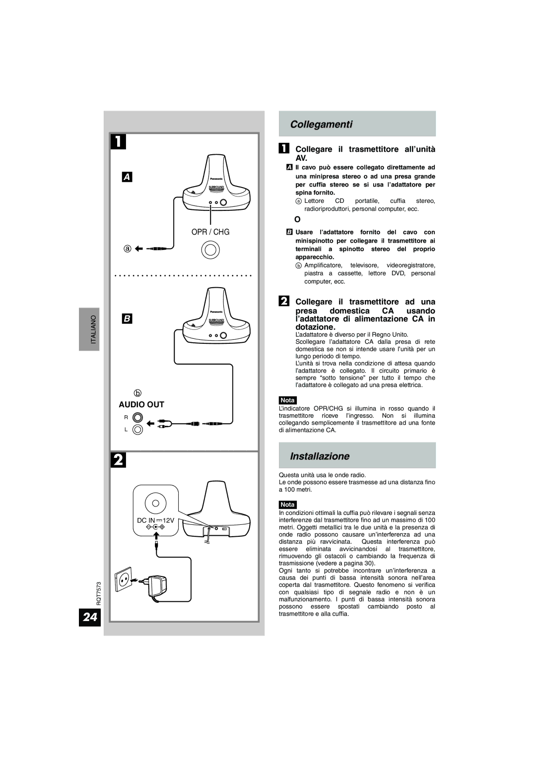 Panasonic RP WF930 manual Collegamenti, Installazione, Collegare Trasmettitore All’unità, Opr / Chg 