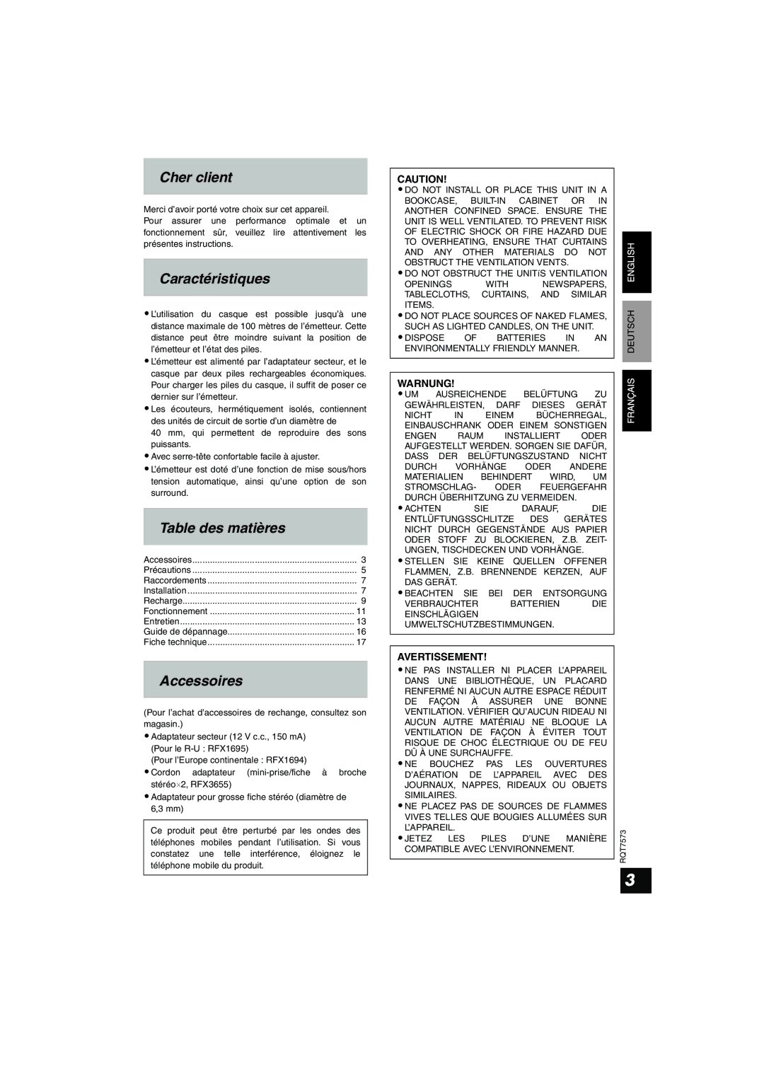 Panasonic RP WF930 manual Cher client, Caractéristiques, Table des matières, Accessoires 