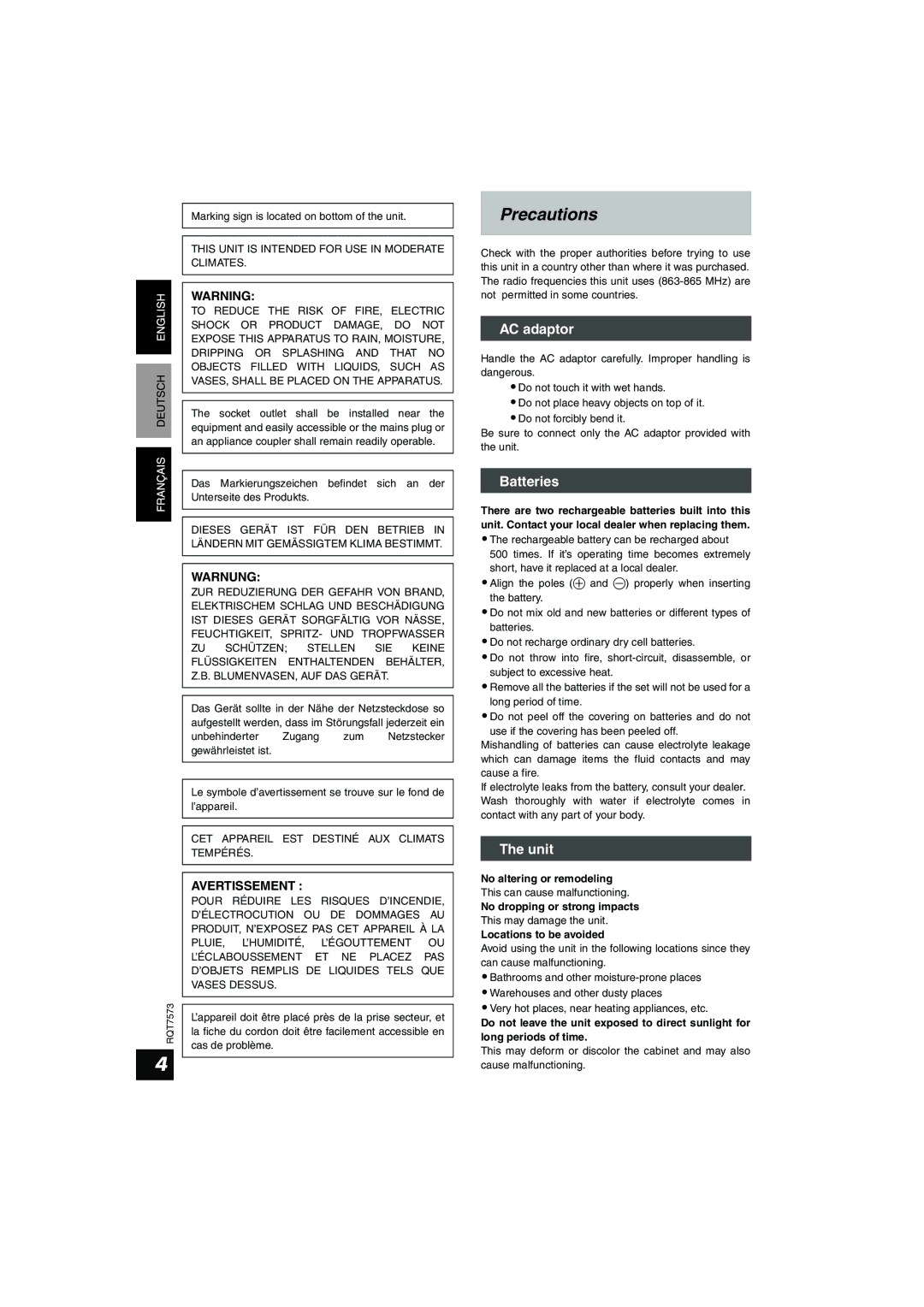 Panasonic RP WF930 manual Precautions, No altering or remodeling, No dropping or strong impacts, Locations to be avoided 