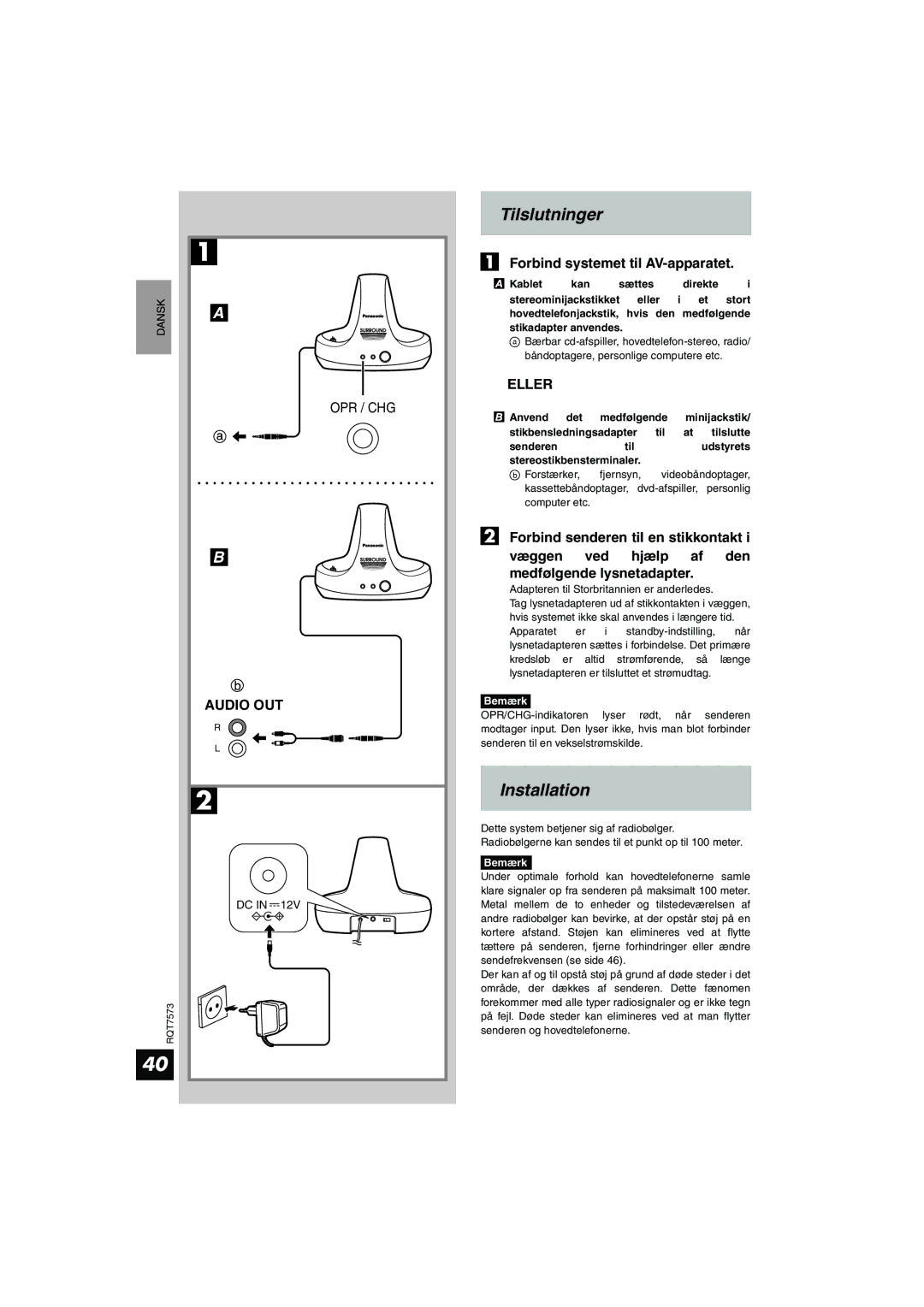 Panasonic RP WF930 manual Tilslutninger, Forbind systemet til AV-apparatet, Eller OPR / CHG 