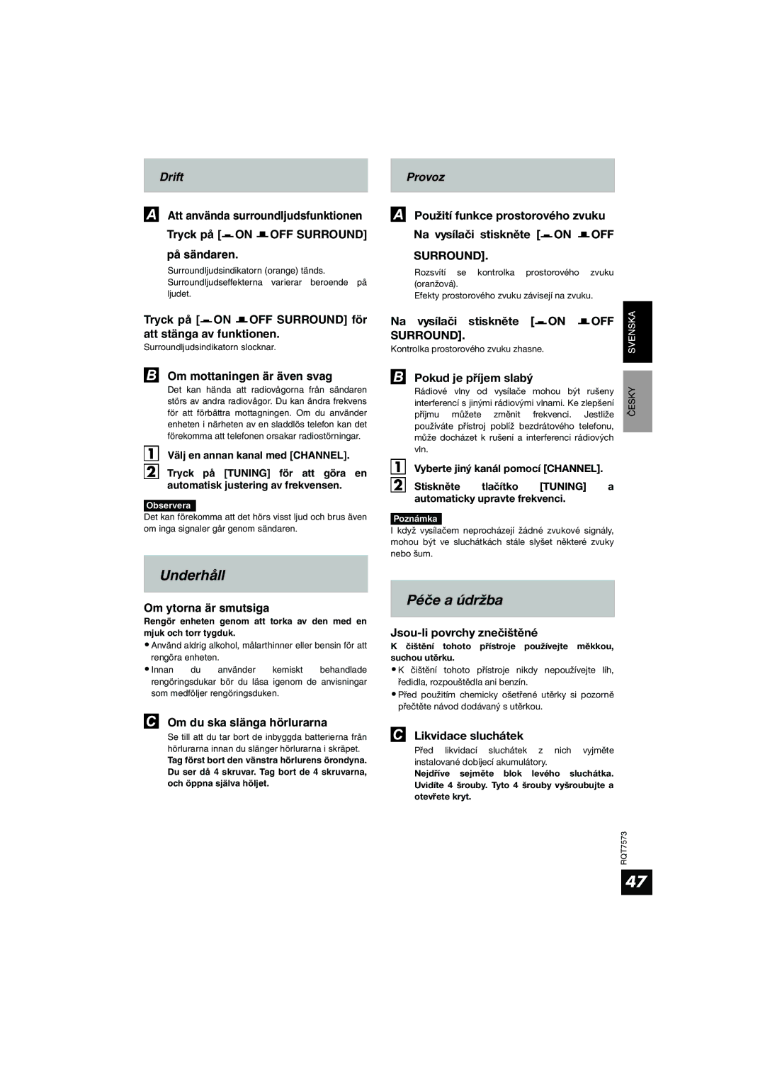 Panasonic RP WF930 manual Underhåll, Péče a údržba 