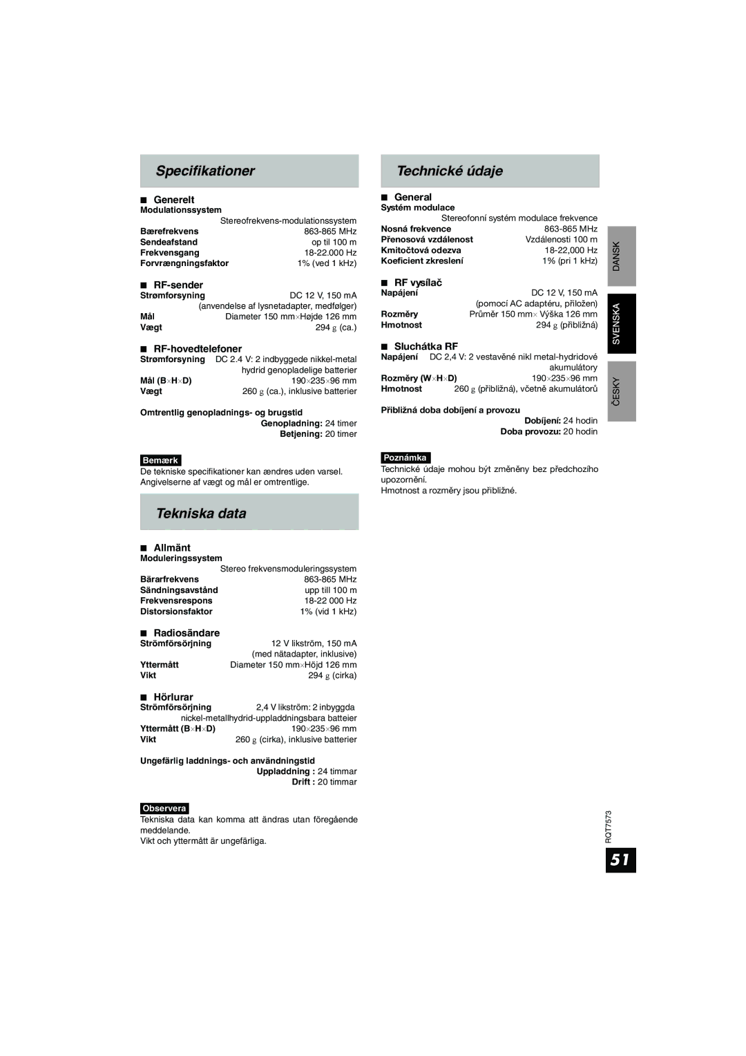 Panasonic RP WF930 manual Specifikationer Technické údaje, Tekniska data 