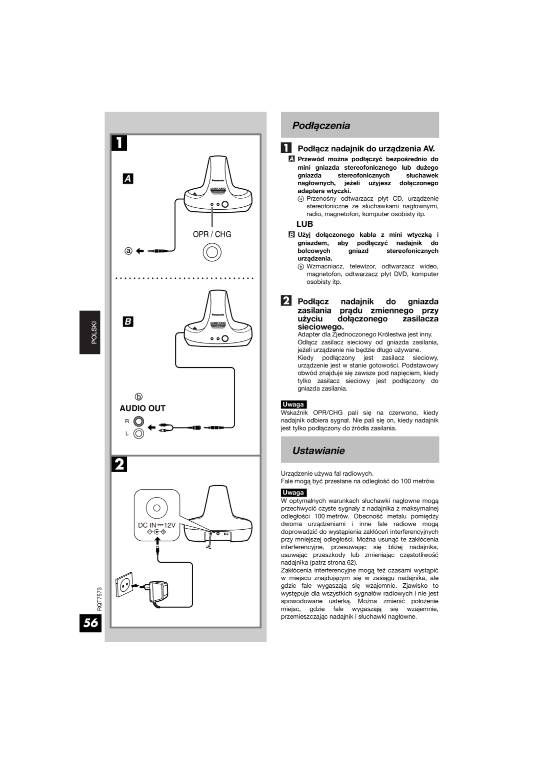 Panasonic RP WF930 Podłączenia, Ustawianie, Podłącz nadajnik do urządzenia AV, Przewód można podłączyć bezpośrednio do 