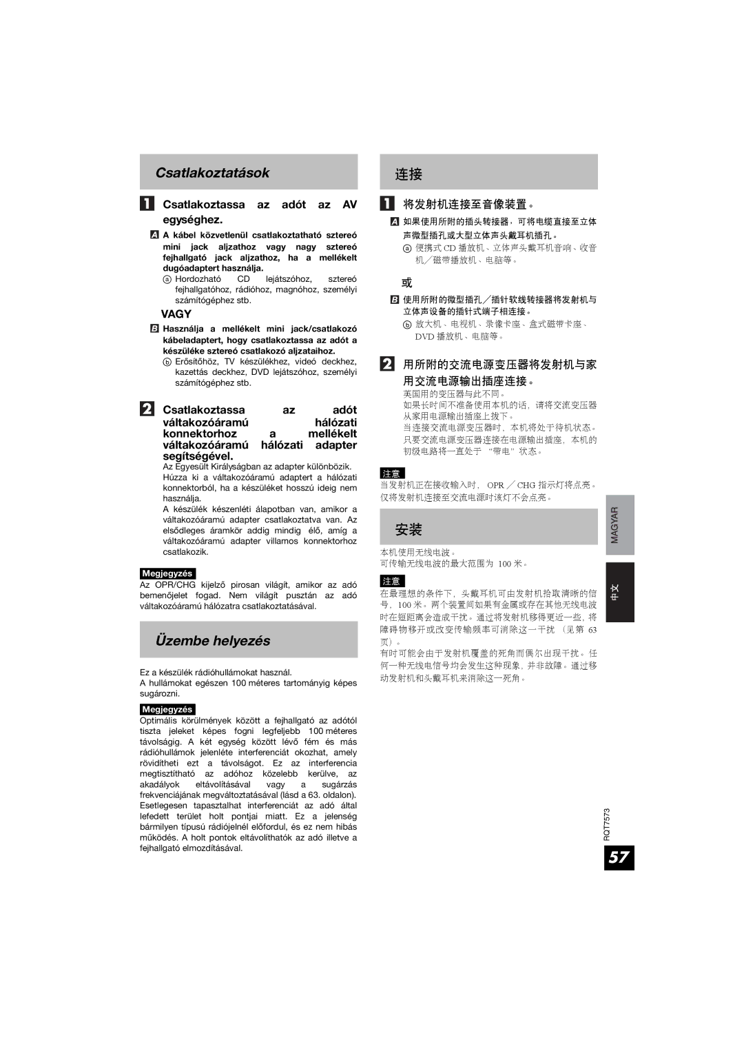 Panasonic RP WF930 manual Csatlakoztatások, Üzembe helyezés, Csatlakoztassa az adót az AV egységhez 