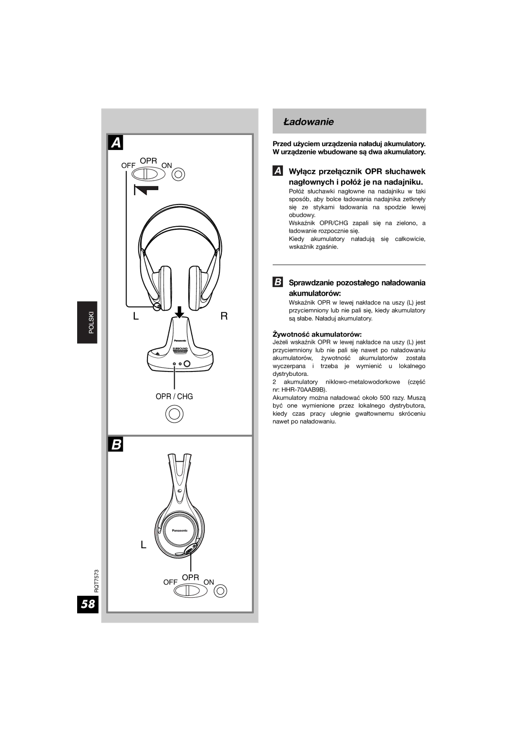 Panasonic RP WF930 manual Ładowanie, Sprawdzanie pozostałego naładowania, Akumulatorów 