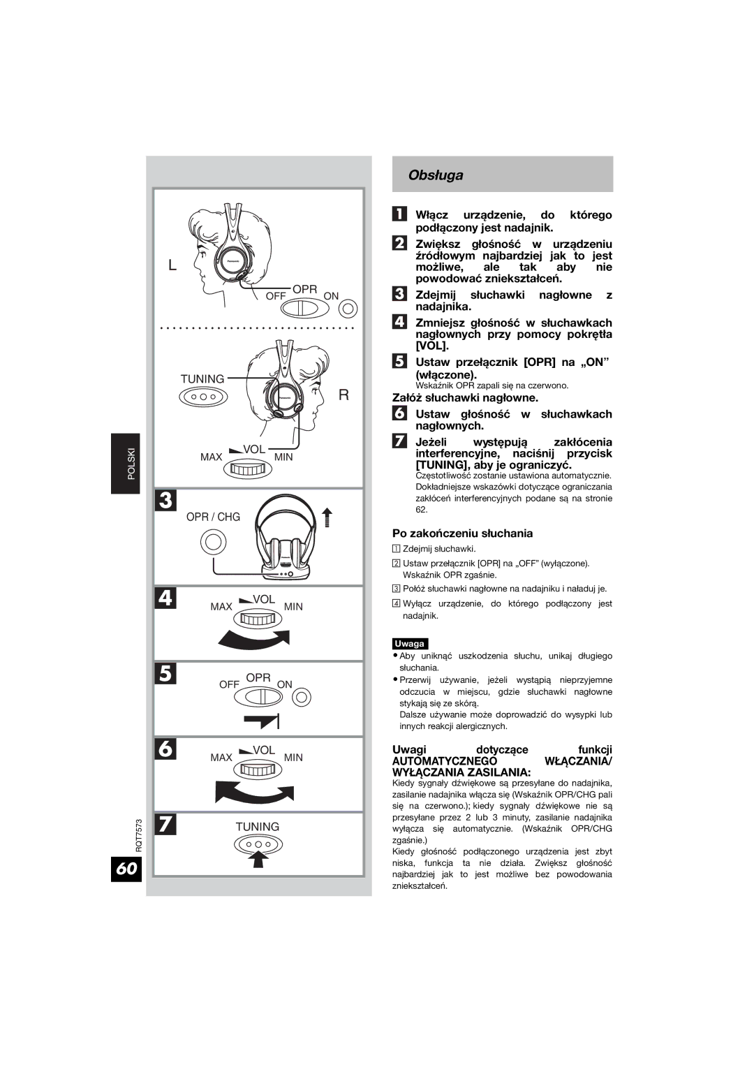 Panasonic RP WF930 manual Obsługa, Po zakończeniu słuchania, Uwagi dotyczące funkcji 