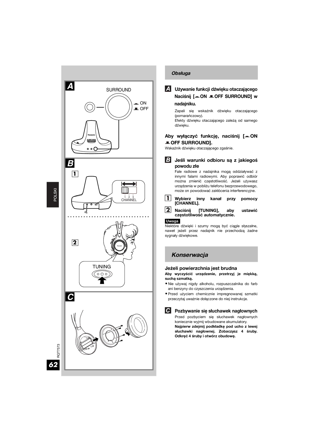 Panasonic RP WF930 manual Konserwacja, Aby wyłączyć funkcję, naciśnij on OFF Surround, Jeżeli powierzchnia jest brudna 