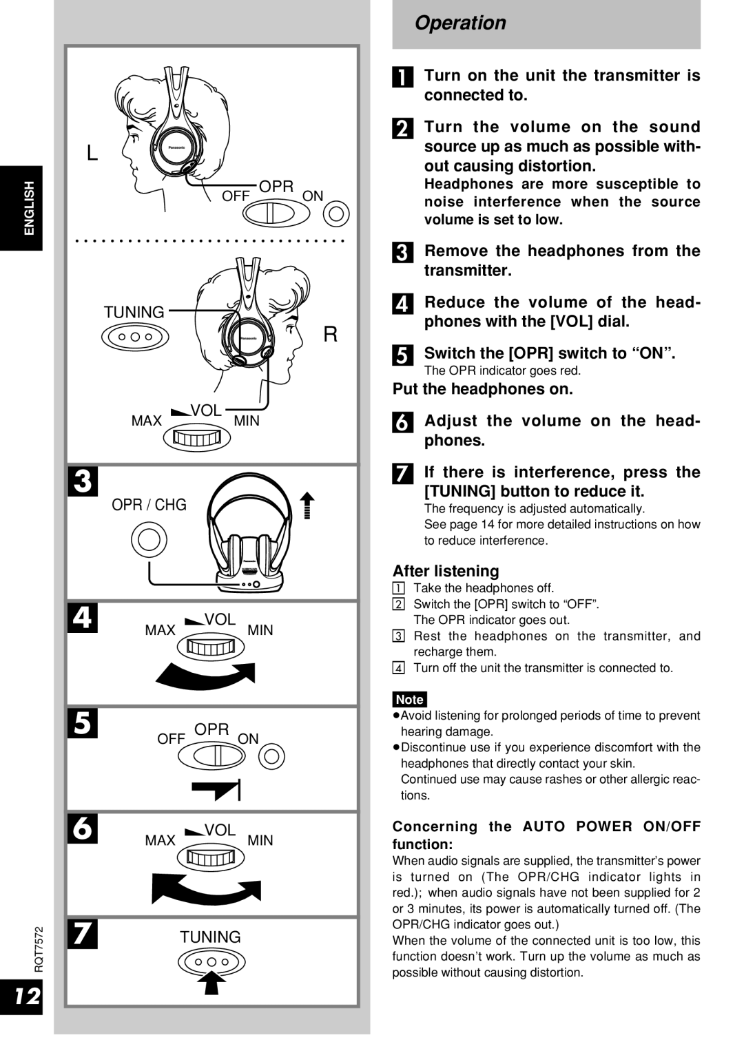 Panasonic RP-WF930 Operation, After listening, Concerning the Auto Power ON/OFF function, OPR indicator goes red 