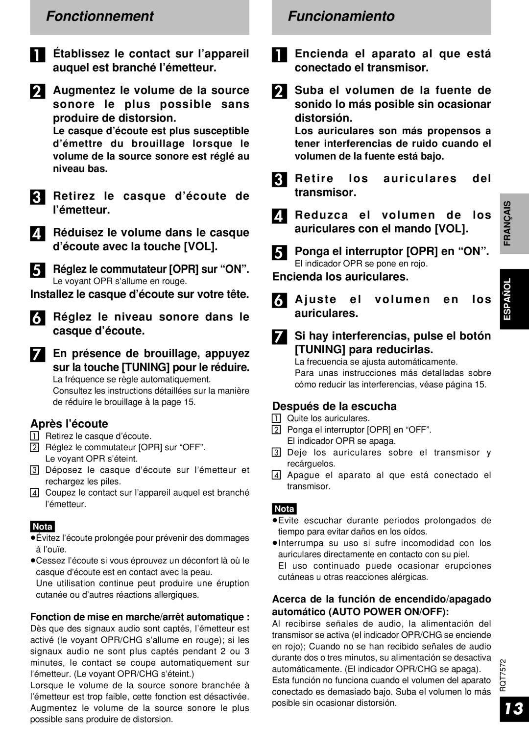 Panasonic RP-WF930 FonctionnementFuncionamiento, Après l’écoute, Después de la escucha, Le voyant OPR s’allume en rouge 