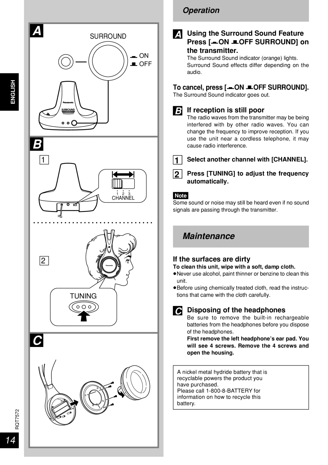 Panasonic RP-WF930 Maintenance, To cancel, press on OFF Surround, … If reception is still poor, If the surfaces are dirty 