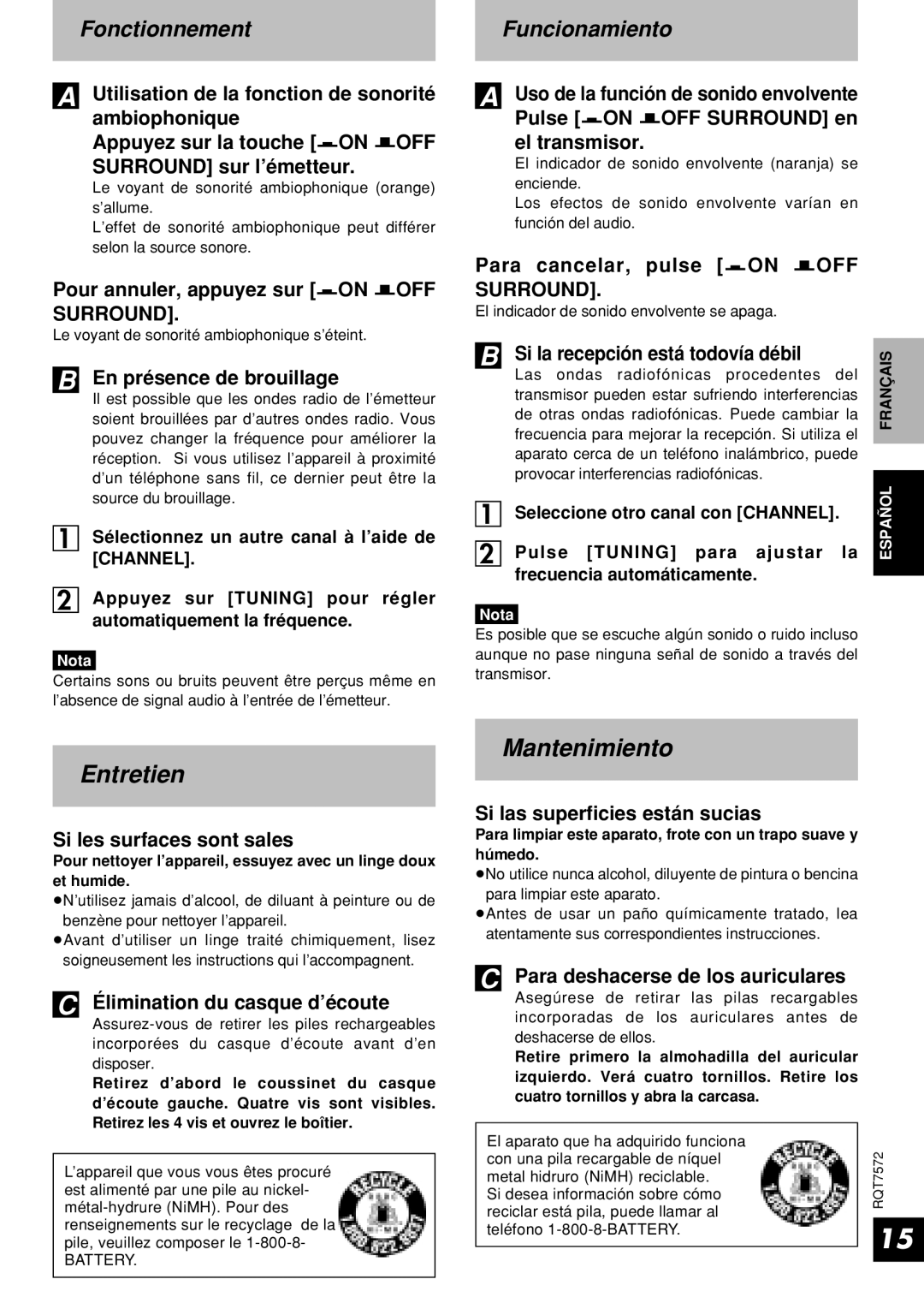 Panasonic RP-WF930 operating instructions Entretien, Mantenimiento 