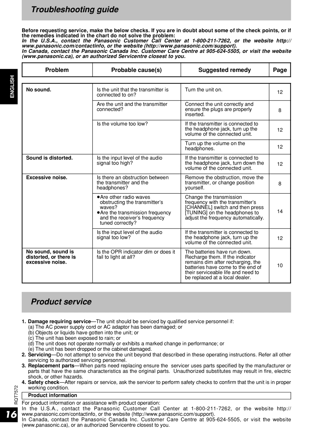 Panasonic RP-WF930 operating instructions Troubleshooting guide, Product service, Problem Probable causes Suggested remedy 