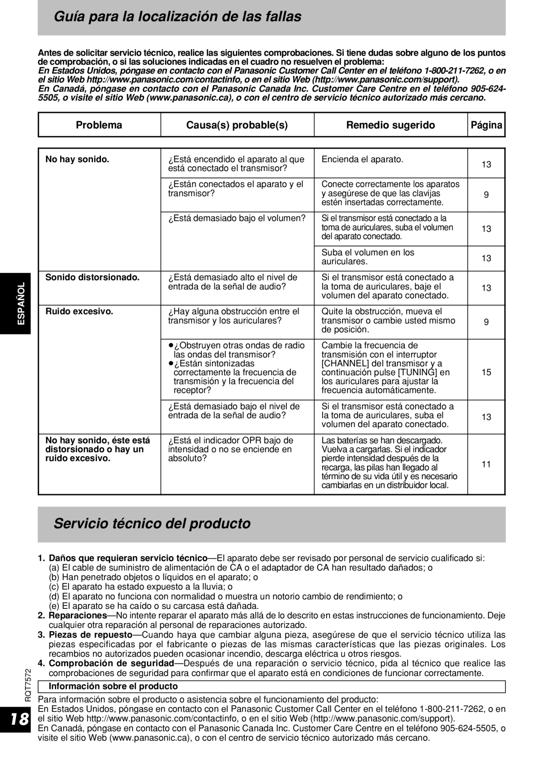 Panasonic RP-WF930 operating instructions Guía para la localización de las fallas, Servicio técnico del producto 