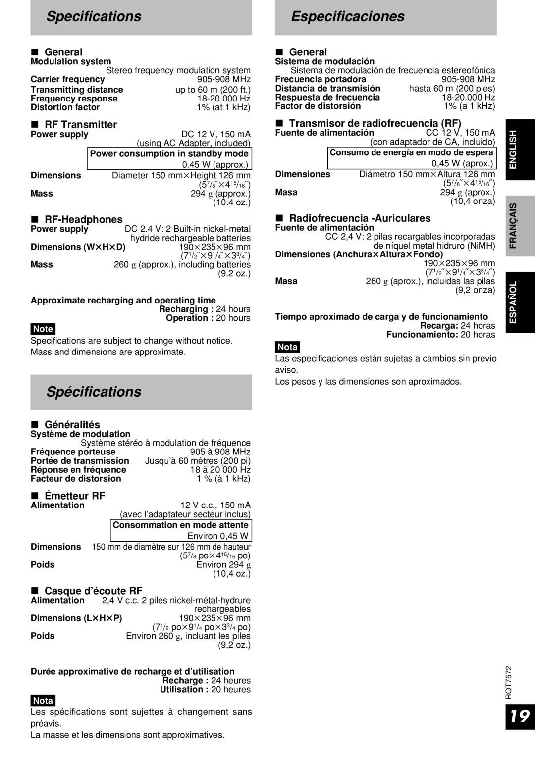 Panasonic RP-WF930 operating instructions Specifications, Spécifications, Especificaciones 