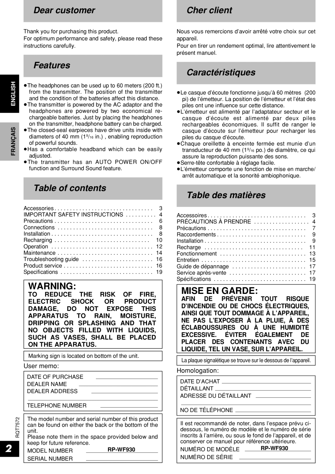 Panasonic RP-WF930 Dear customer Cher client, Features, Table of contents, Caractéristiques, Table des matières 