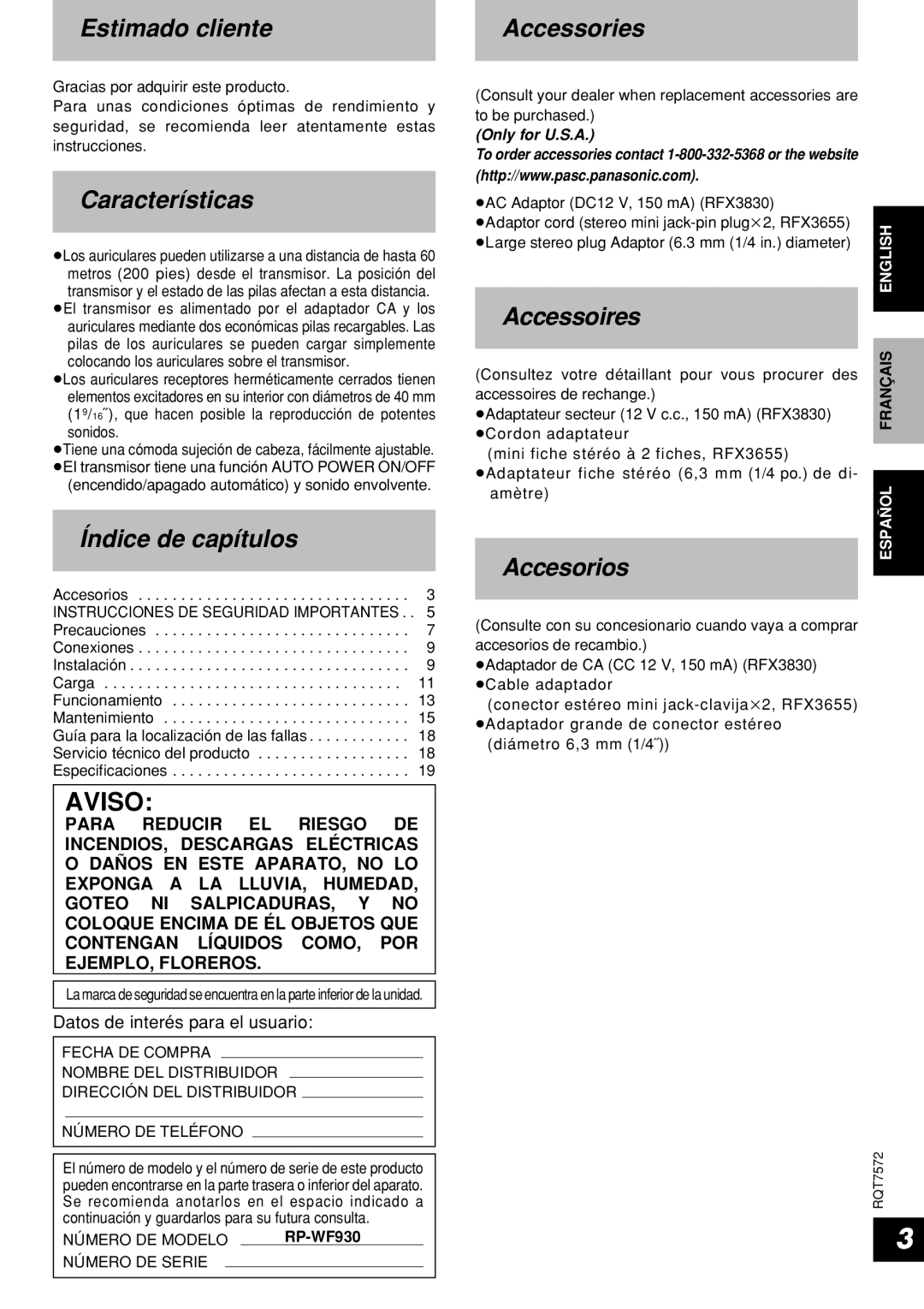 Panasonic RP-WF930 Estimado cliente, Características, Índice de capítulos, Accessories, Accessoires, Accesorios 