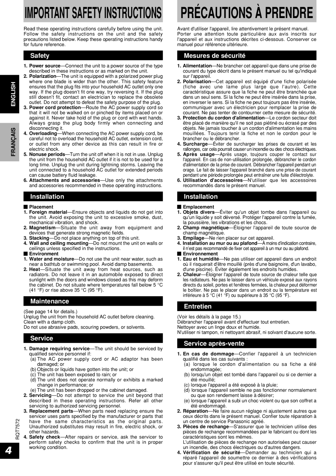 Panasonic RP-WF930 operating instructions Précautions À Prendre 