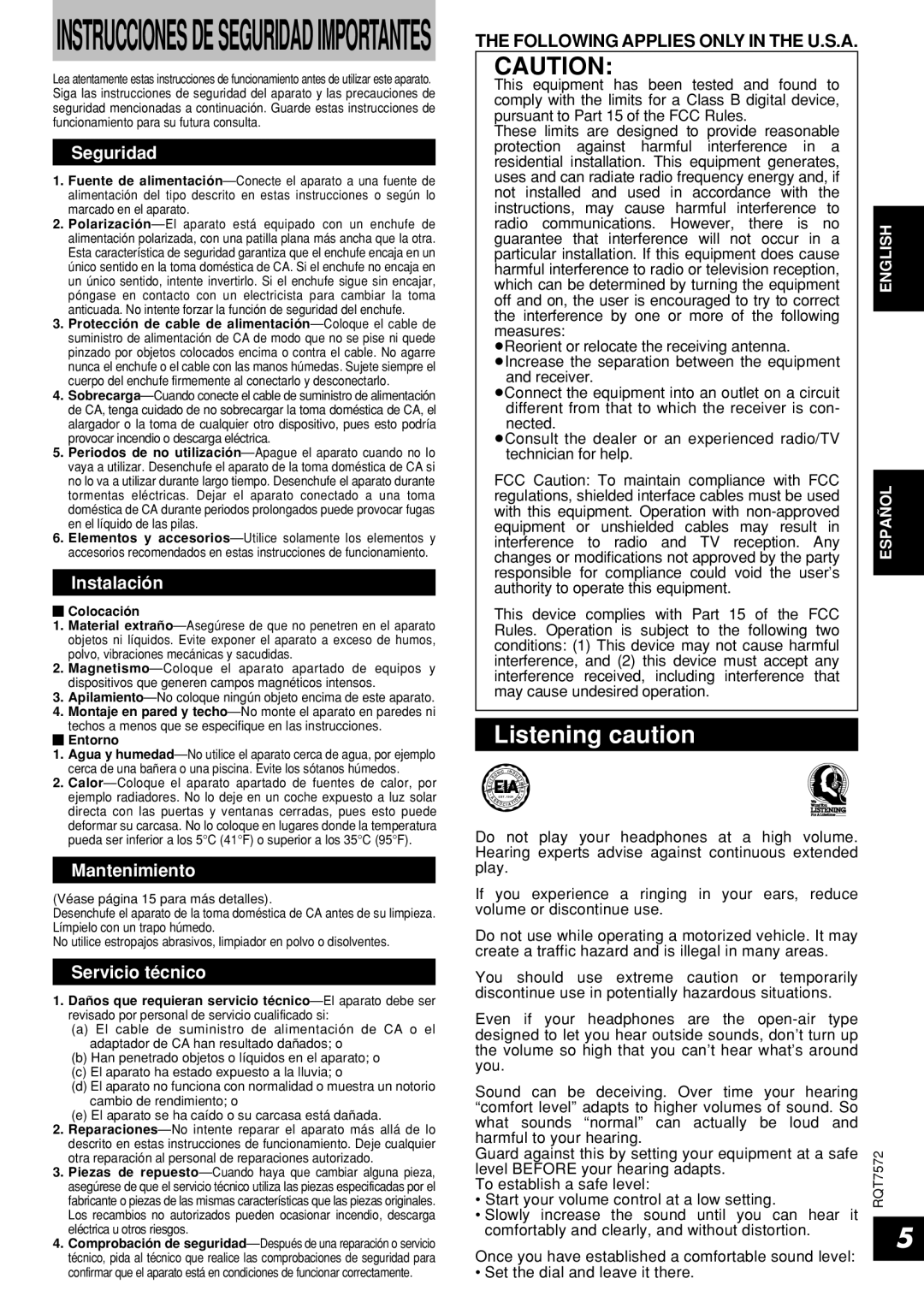 Panasonic RP-WF930 operating instructions Listening caution 