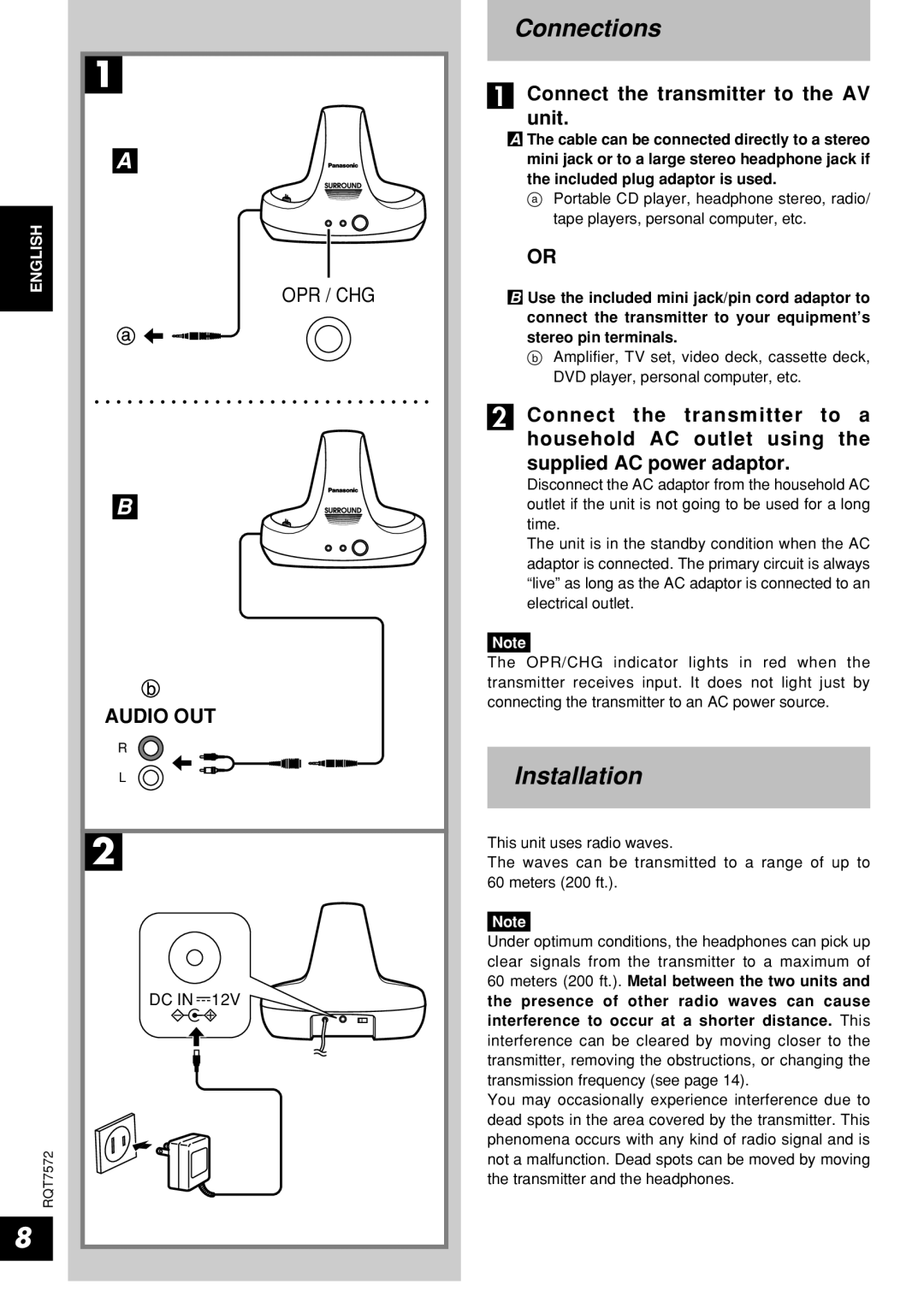 Panasonic RP-WF930 operating instructions Connections, Installation, … Connect the transmitter to the AV, Unit 