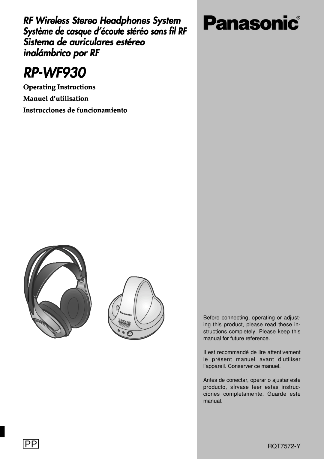 Panasonic RP-WF930 operating instructions RQT7572-Y, Operating Instructions Manuel d’utilisation 