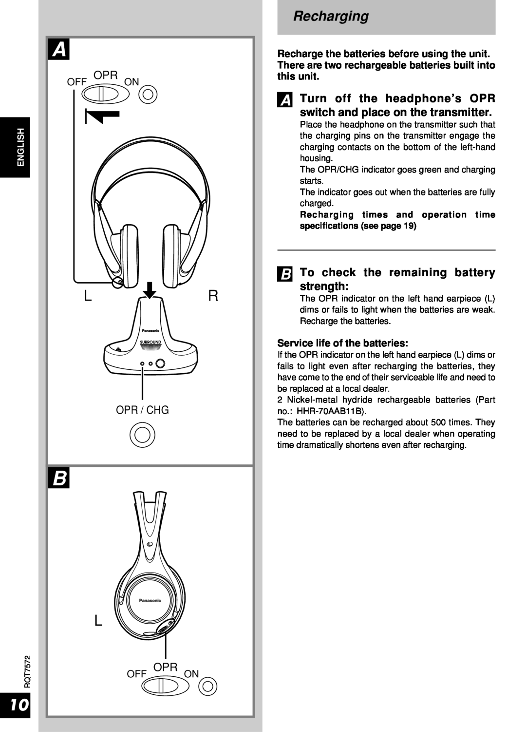 Panasonic RP-WF930 Recharging, …Turn off the headphone’s OPR, switch and place on the transmitter, strength, Opr / Chg 