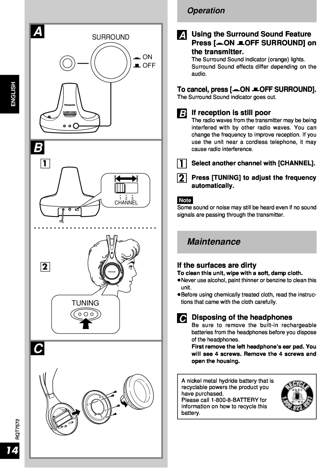 Panasonic RP-WF930 Maintenance, Operation, A Surround, …A Using the Surround Sound Feature, …If reception is still poor 
