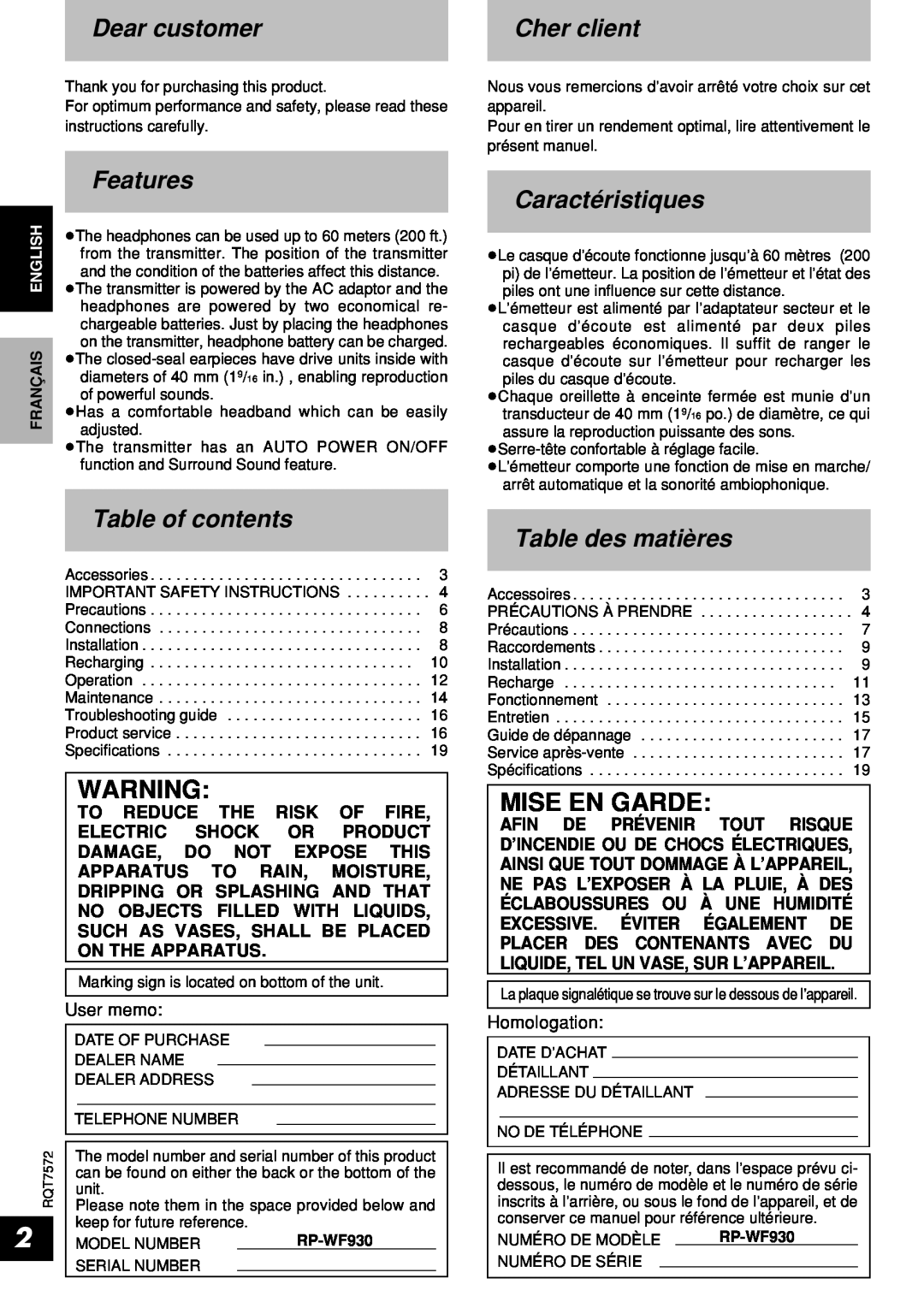 Panasonic RP-WF930 Dear customer, Cher client, Features, Table of contents, Caractéristiques, Table des matières 