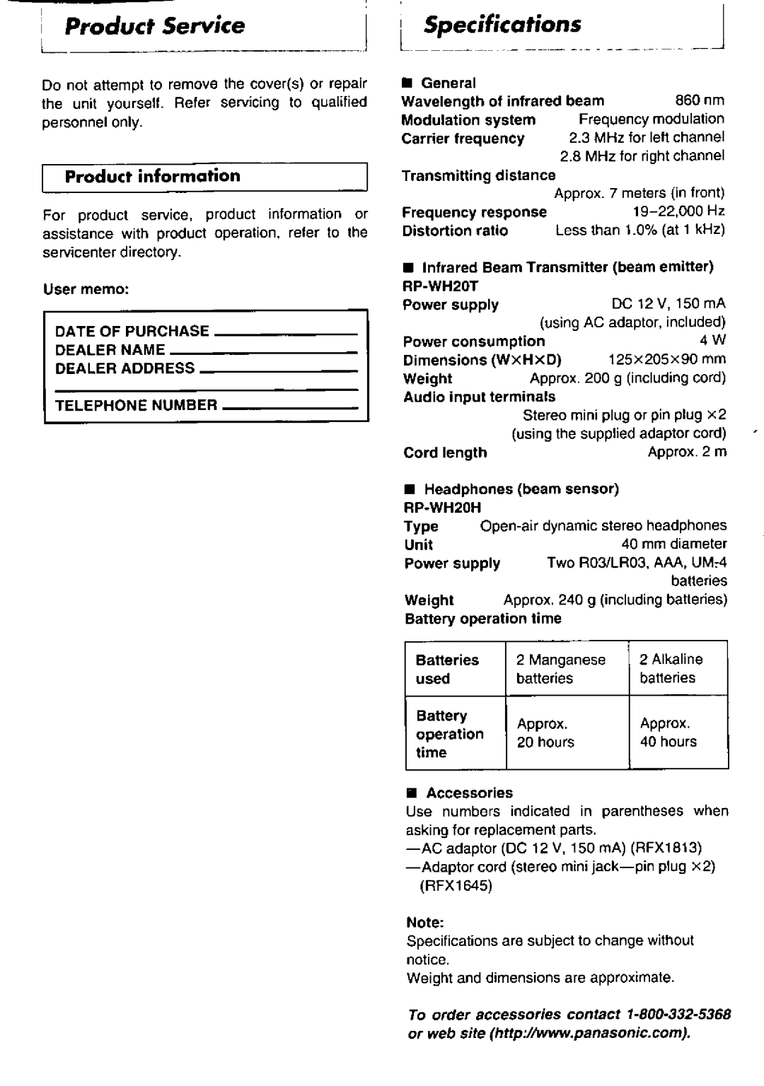 Panasonic RP WH20 manual 