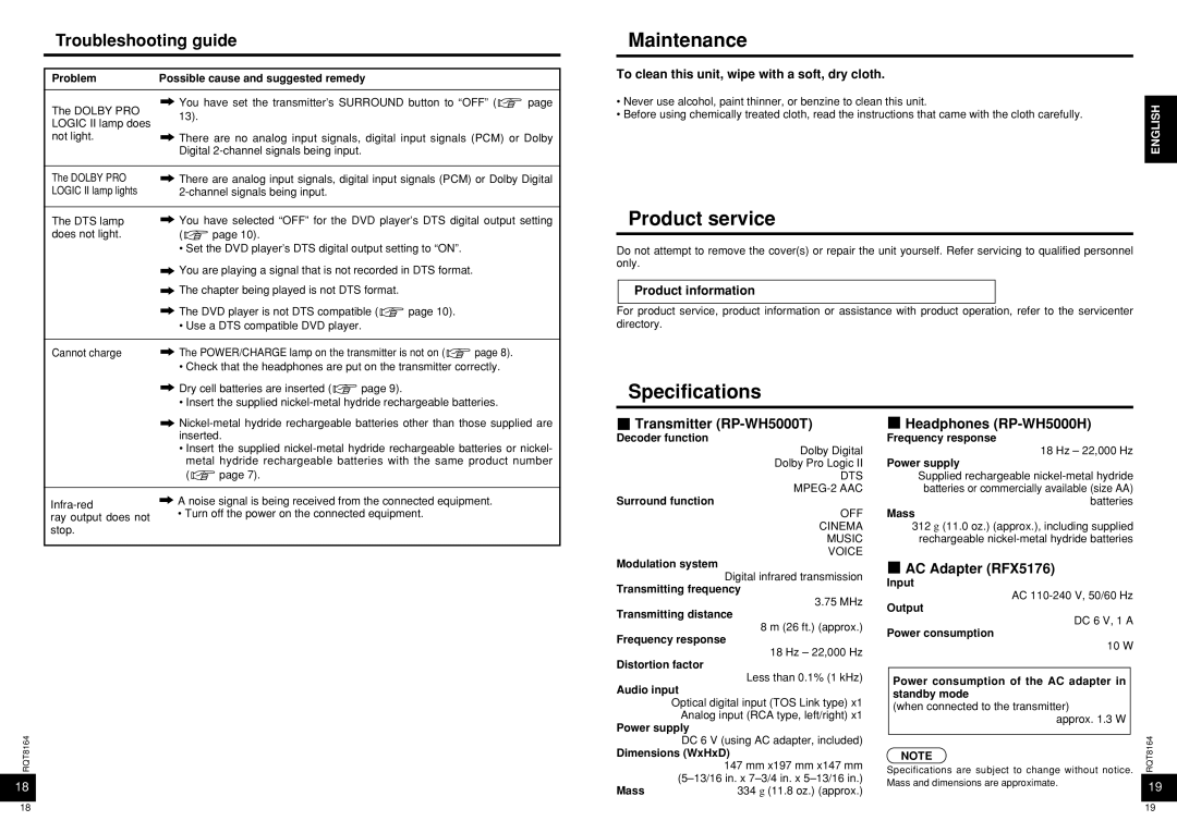 Panasonic RP-WH5000 manual Maintenance, Product service, Specifications, Troubleshooting guide 