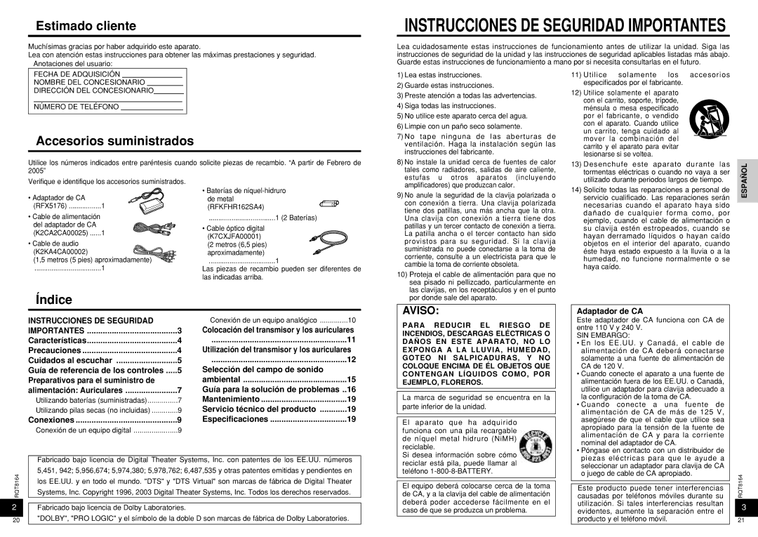 Panasonic RP-WH5000 manual Estimado cliente, Accesorios suministrados, Índice, Adaptador de CA, Conexiones 