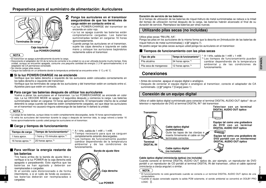 Panasonic RP-WH5000 Conexiones, Preparativos para el suministro de alimentación Auriculares, Conexión de un equipo digital 