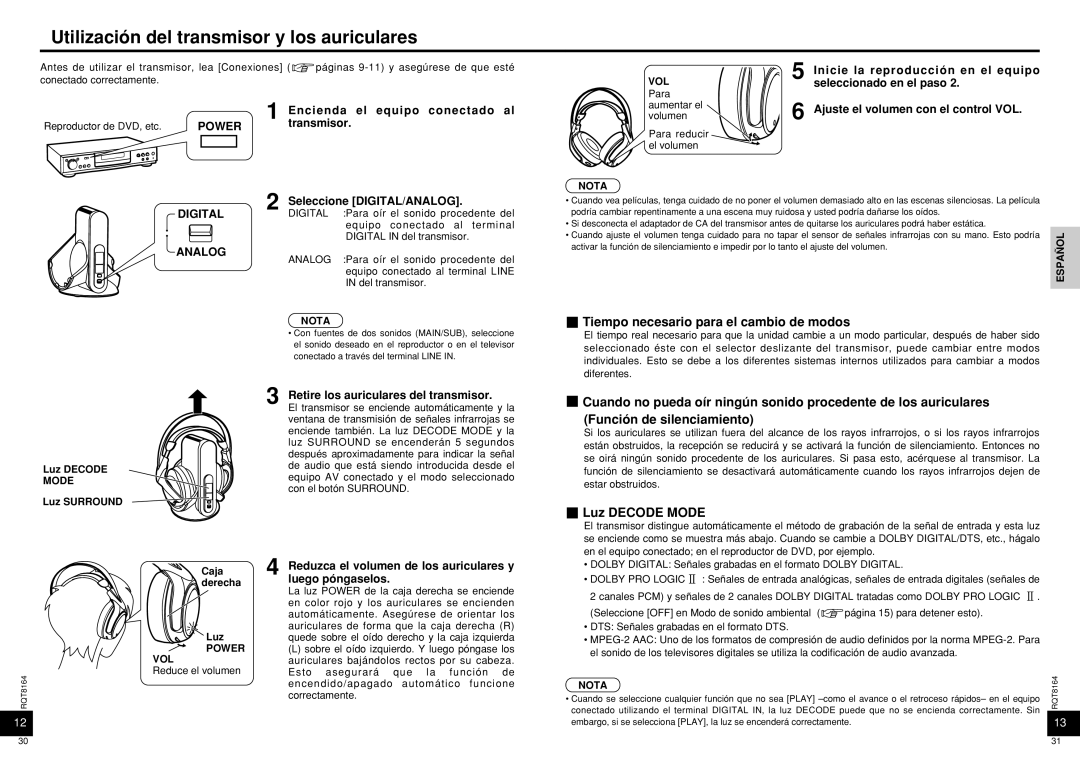 Panasonic RP-WH5000 manual Utilización del transmisor y los auriculares, Tiempo necesario para el cambio de modos 