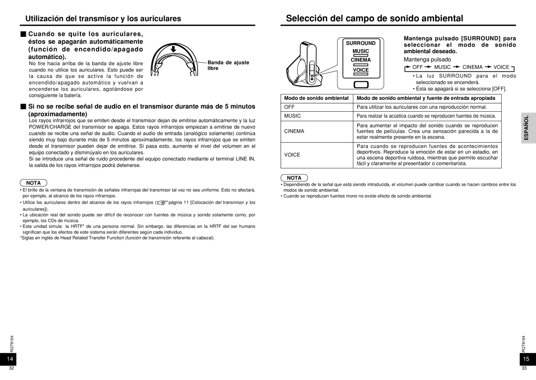 Panasonic RP-WH5000 manual Selección del campo de sonido ambiental, Utilización del transmisor y los auriculares 