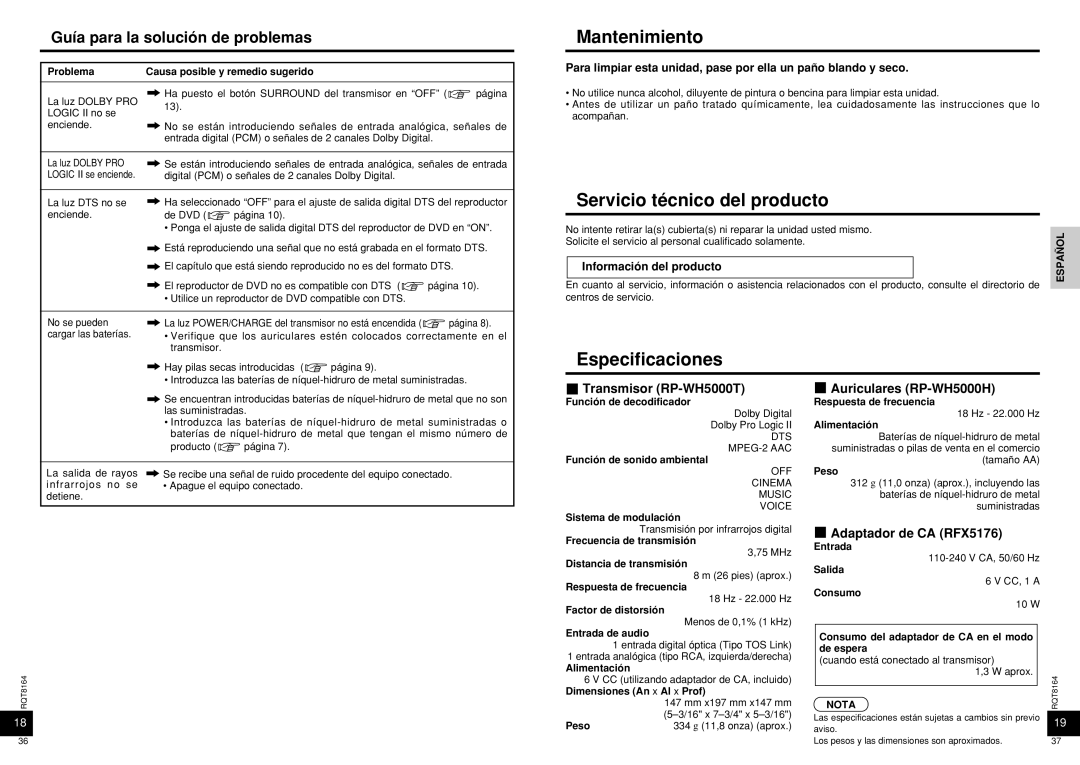 Panasonic RP-WH5000 Mantenimiento, Servicio técnico del producto, Especificaciones, Guía para la solución de problemas 